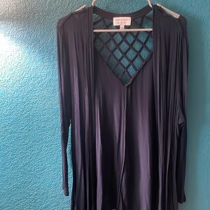 Navy cardigan with windowpane detail on back. Perfect light layering piece!